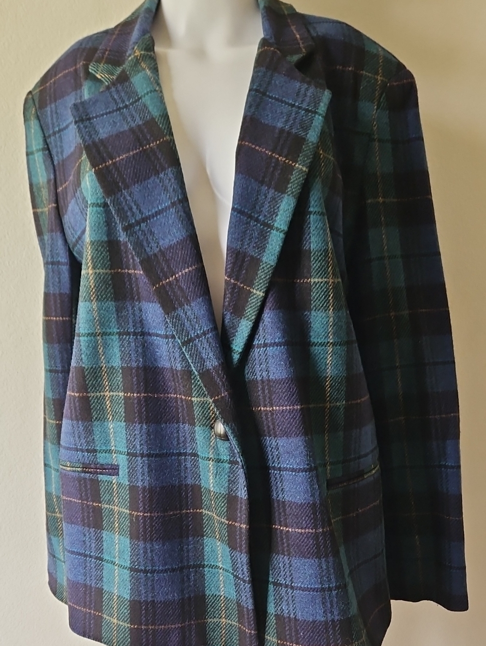 Blue & Green Wool Plaid Womans Blazer - Classic Tailored Jacket Sz 14